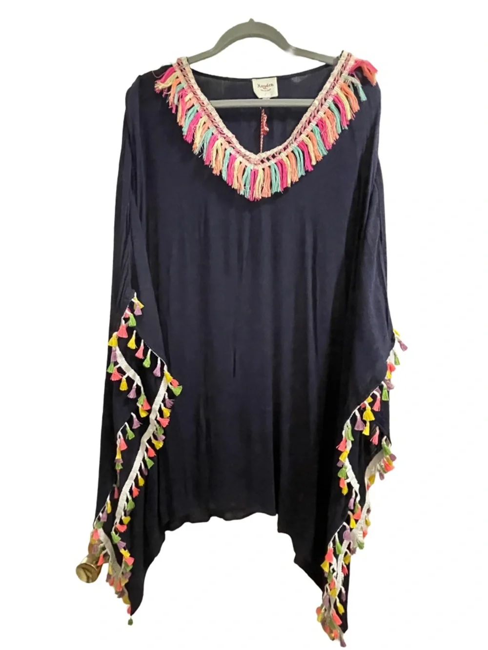 NWT Hayden Los Angeles Navy Tassel Boho Beach Cover-up Festival Poncho 1X/2X